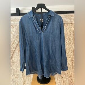 Chico's Blue Tencel Denim V-Neck Fray Detail Top size (3)- XL